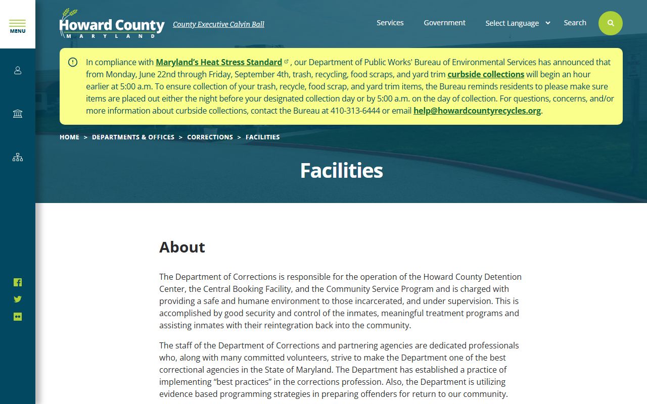 Howard County Central Booking Facility intake and jail facility information