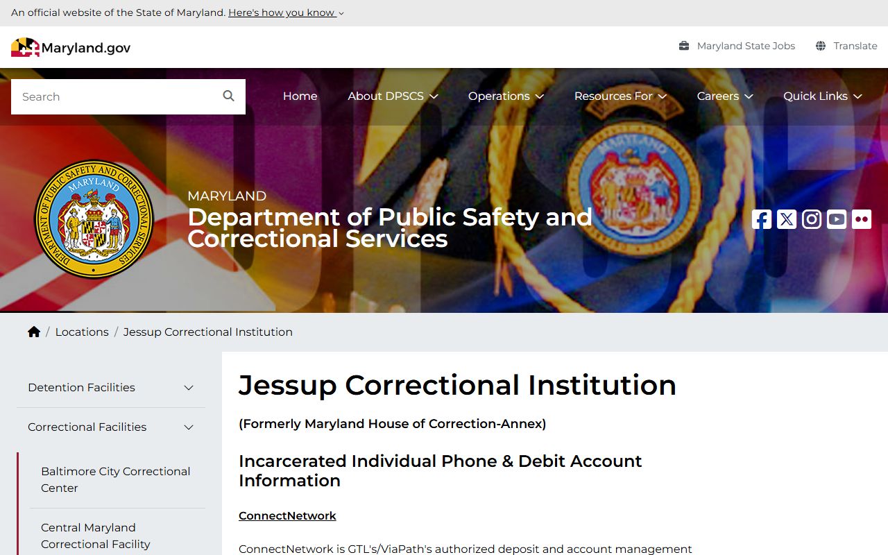 Jessup Correctional Institution Maryland DPSCS inmate locator facility page