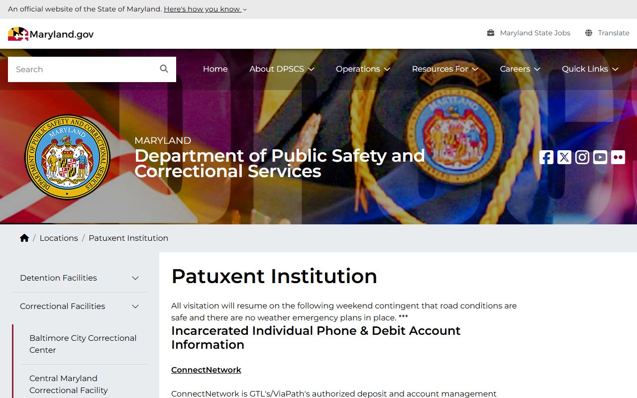 Patuxent Institution Maryland DPSCS state custody inmate lookup page